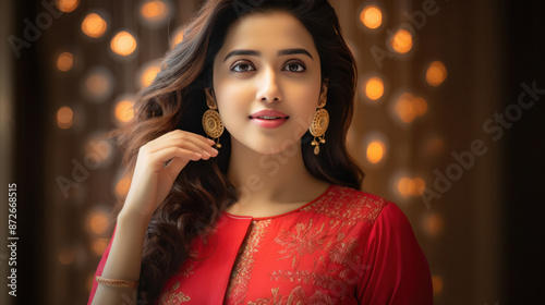 beautiful girl wearing a gold pendant round patter wearing red kurta photo