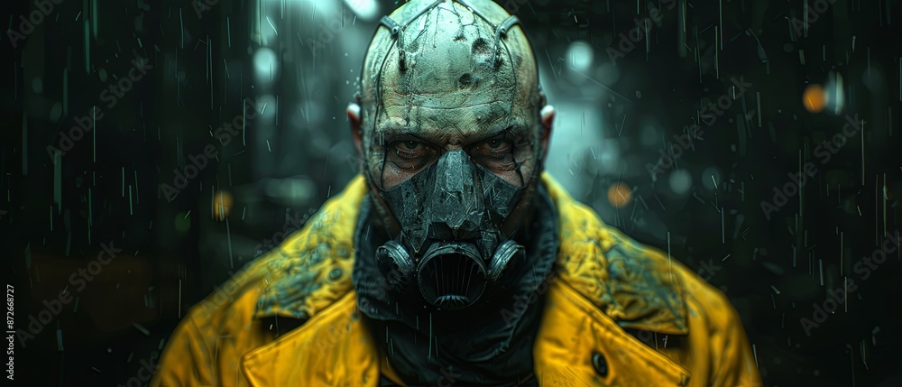 A fictional character wearing a gas mask and a yellow jacket stands in the rain, evoking a scene from an action film or actionadventure game A fictional character wearing a gas mask and a yellow jacket stands in the rain, evoking a scene from an action film or actionadventure game