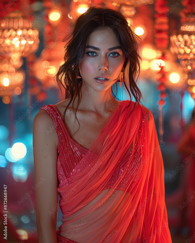 young beautiful woman in red saree standing on lighting background young beautiful woman in red saree standing on lighting background