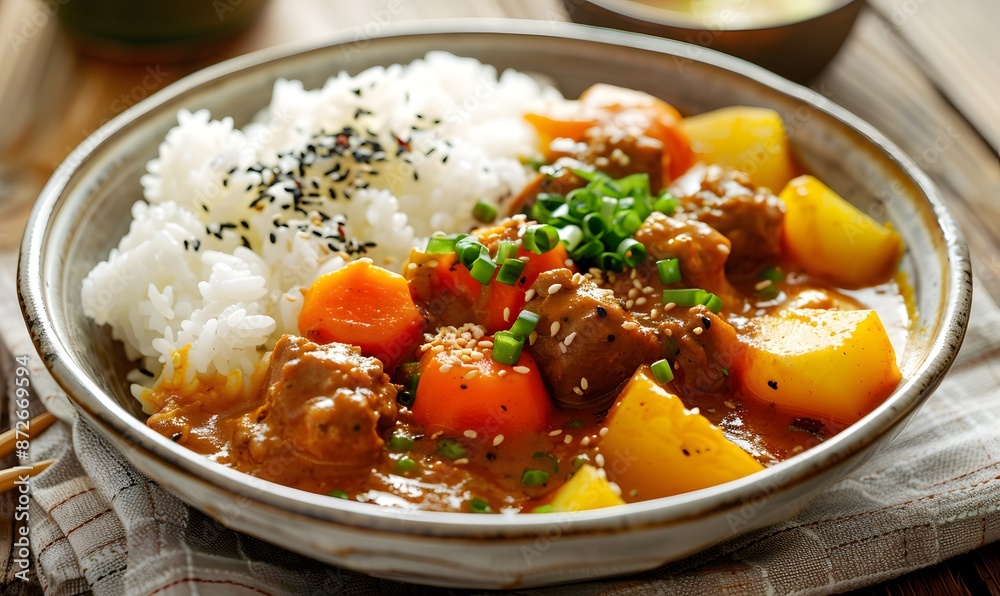 Curry and rice with potatoes and carrots, Generative AI Curry and rice with potatoes and carrots, Generative AI