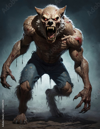 full body shot of a scary zombie warewolf for social media mobile wallpaper halloween theme photo