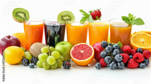 Selection of colorful freshly squeezed fruit juices are surrounded by the fruits they are made from