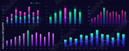 set of colorful cool data visual growth trend bar chart futuristic diagram