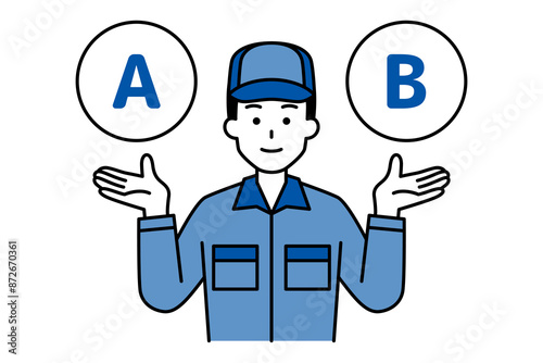 AとBの選択肢を提案するつなぎ作業服の男性