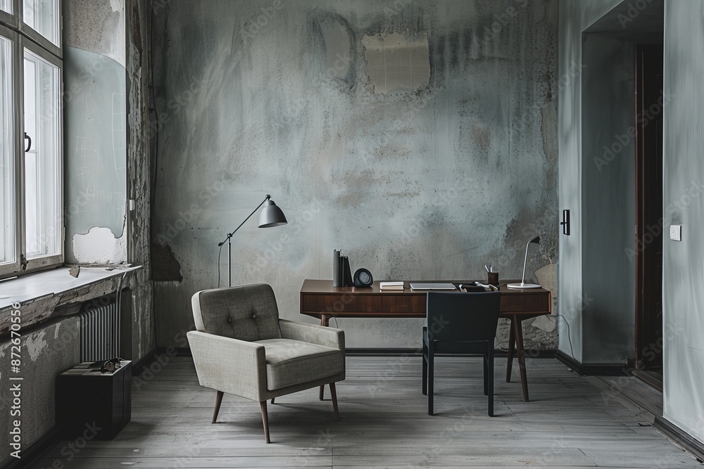Interior of modern office with grey walls, wooden floor, comfortable armchair and wooden desk. Interior of modern office with grey walls, wooden floor, comfortable armchair and wooden desk.