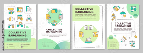 Collective bargaining green circle brochure template. Leaflet design with linear icons. Editable 4 vector layouts for presentation, annual reports. Arial-Bold, Myriad Pro-Regular fonts used