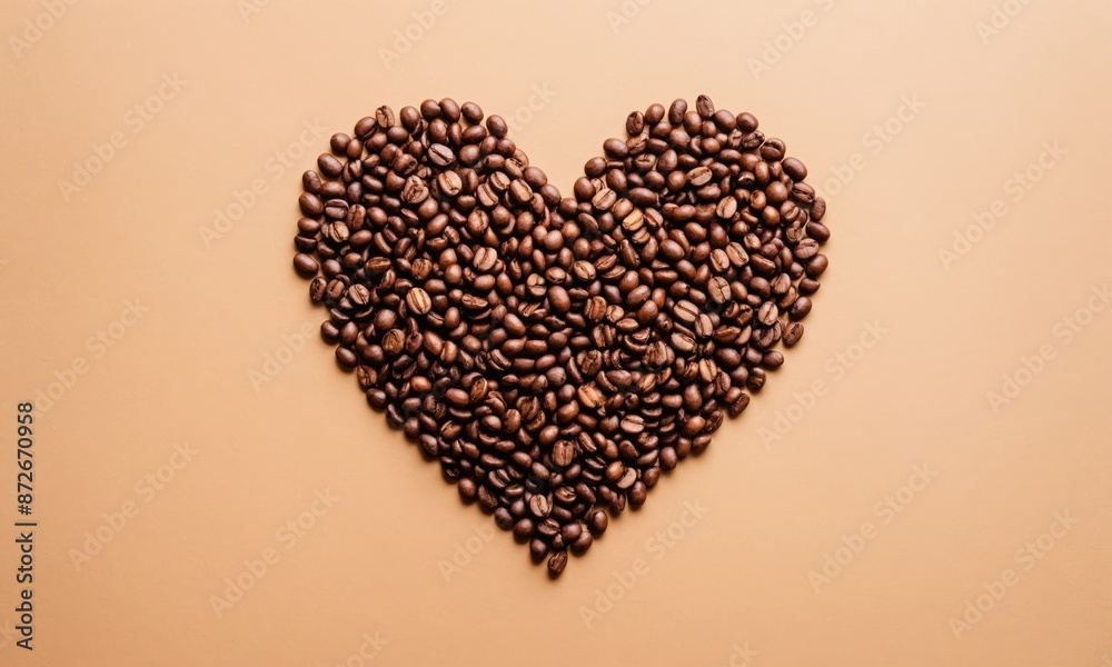 Coffee beans arranged in a heart shape on a brown background