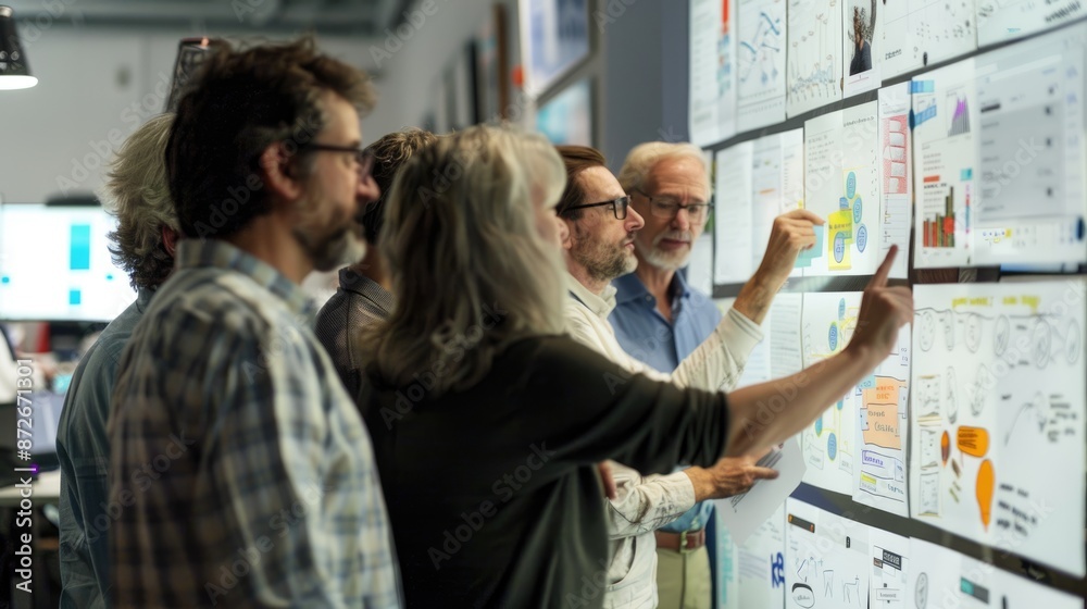 Obraz premium Dynamic Team Planning Meeting - Diverse Professionals Brainstorming on Digital Whiteboard