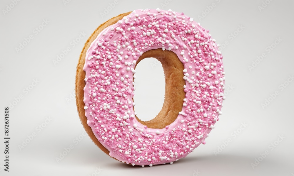 Pink donut shaped as letter O, sprinkled with white and pink sprinkles Pink donut shaped as letter O, sprinkled with white and pink sprinkles