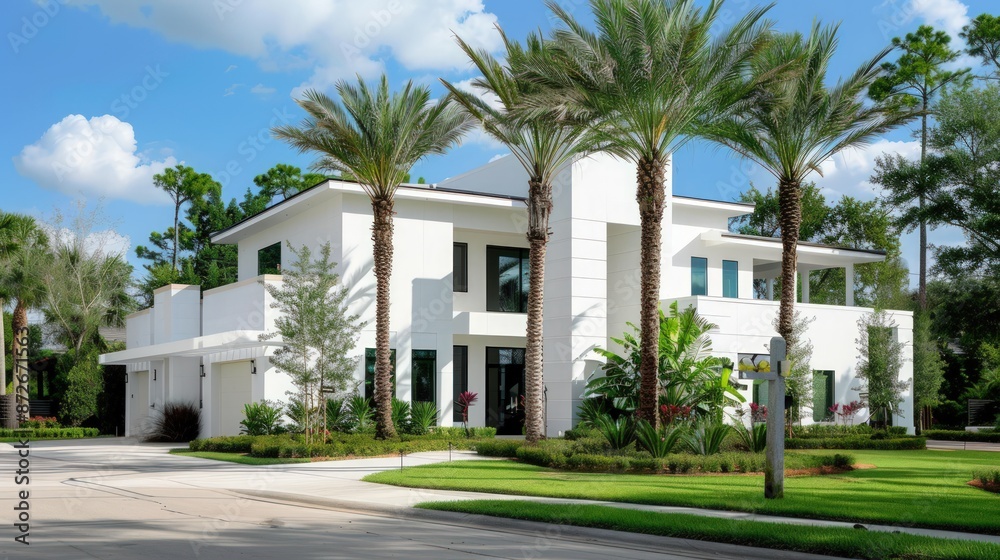 Fototapeta premium A large white house with a large garage and a palm tree in the background. Generate AI