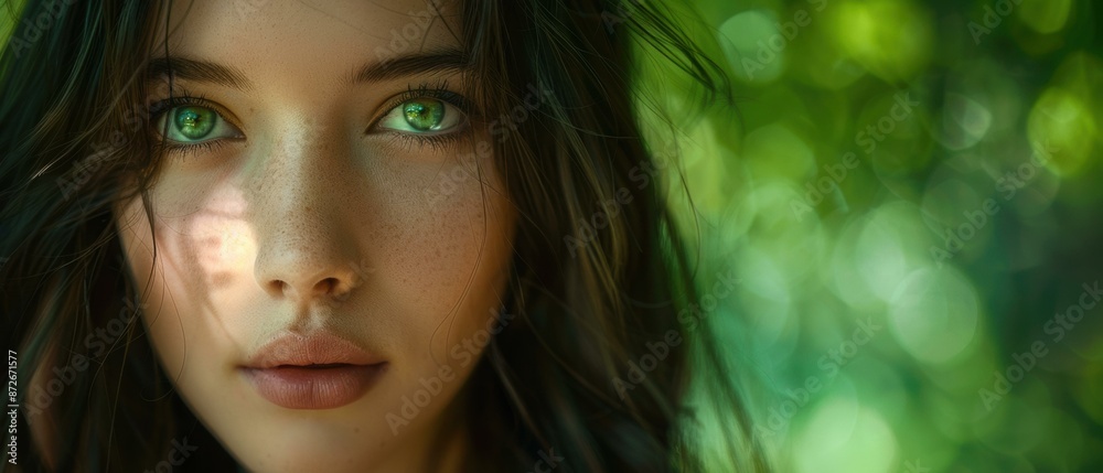 Close-up portrait of a beautiful young woman with green eyes and freckles on her face. AI. Close-up portrait of a beautiful young woman with green eyes and freckles on her face. AI.