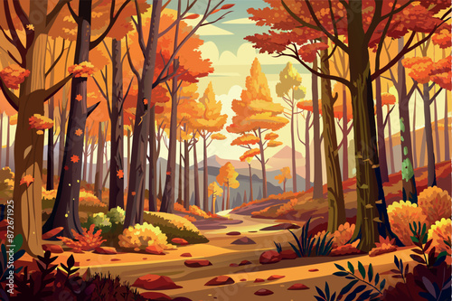 Beautiful Autumn dense forest with daylight vector background