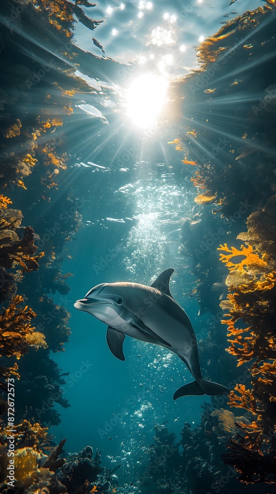 Fototapeta premium Playful dolphins swimming in the blue ocean, surrounded by marine animals in their natural habitat, creating a captivating ocean landscape.