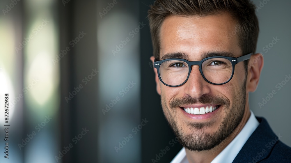 A man with glasses is smiling and wearing a suit. He looks confident and happy. Concept of professionalism and positivity A man with glasses is smiling and wearing a suit. He looks confident and happy. Concept of professionalism and positivity