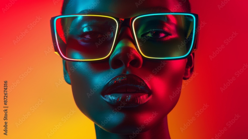 Young black female model in sunglasses in stylish clothes in fashion editorial style. Bold  vibrant high fashion visual in neon colors.