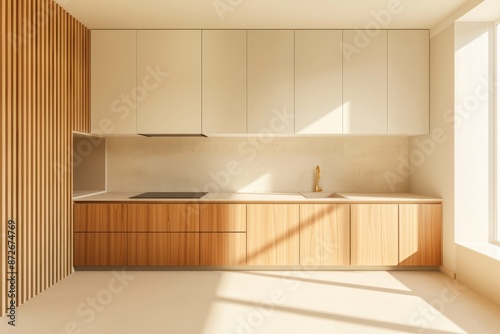 Interior of modern kitchen with beige walls, concrete floor, wooden cupboards and wooden countertops. © Inigo