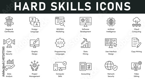 Hard skills Icons vector illustration with thin line editable stroke contains degree and certificates, seo, foreign language, software development, network security, accounting, computer skills, data