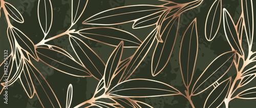 Dark green luxury botanical design with golden olive branches and leaves.
