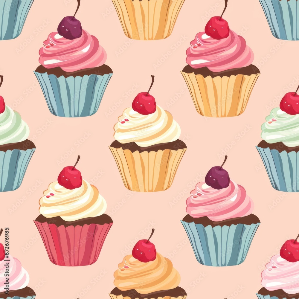 Colorful cupcakes topped with cherries, displayed on a light pink background seamless pattern background