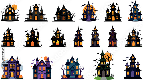 Set of Halloween castles with pumpkins and bats. Vector flat scary houses set