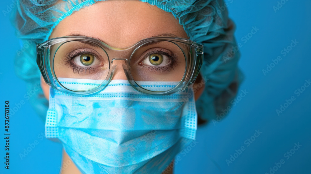 A woman wearing a blue surgical mask and a blue cap. She has green eyes and is looking at the camera A woman wearing a blue surgical mask and a blue cap. She has green eyes and is looking at the camera