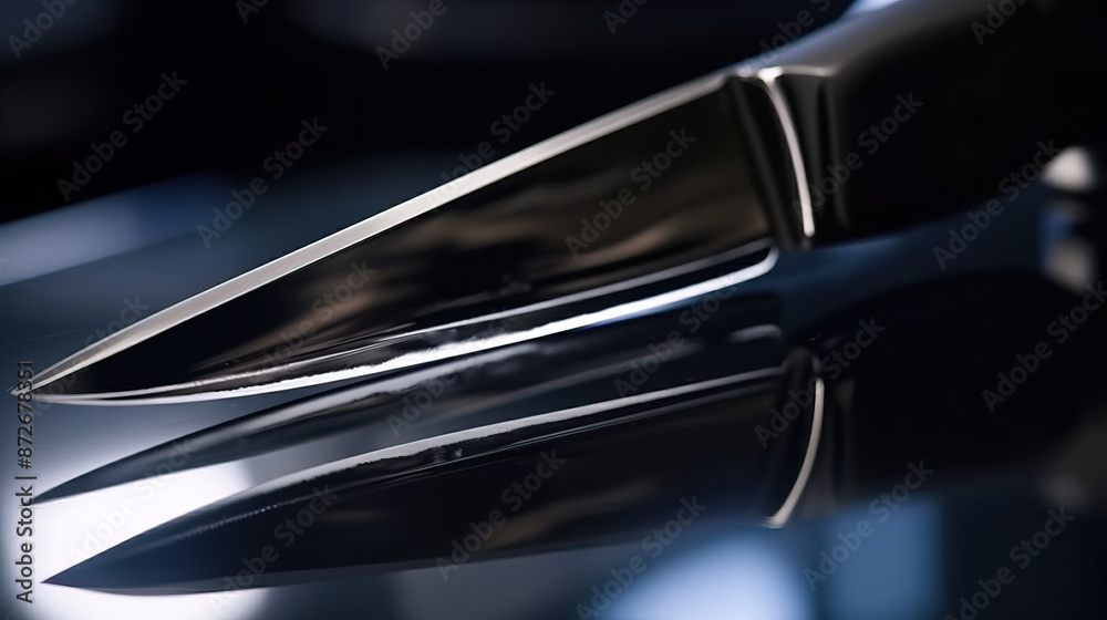 Close-up of kitchen knife with reflection on background of interior. AI generated. Close-up of kitchen knife with reflection on background of interior. AI generated.