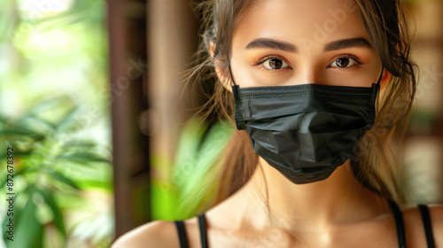 A woman wearing a black mask with her eyes closed