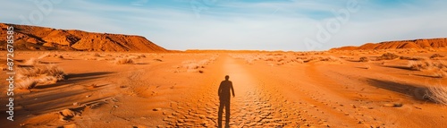 Traveler's shadow on a sandy trail in the desert, solitude, self-discovery