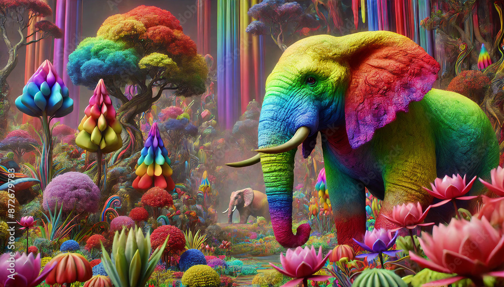 Obraz premium A vibrant, rainbow-colored elephant stands amidst a fantastical forest filled with colorful, surreal vegetation and dreamy landscapes. 