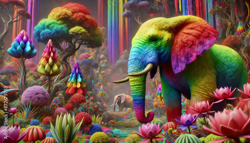 A vibrant, rainbow-colored elephant stands amidst a fantastical forest filled with colorful, surreal vegetation and dreamy landscapes. 