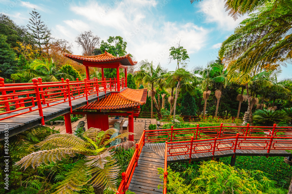 Monte Palace, Tropical Garden with Waterfalls, Lakes and traditional buildings above the city of Funchal Monte Palace, Tropical Garden with Waterfalls, Lakes and traditional buildings above the city of Funchal