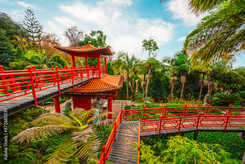 Monte Palace, Tropical Garden with Waterfalls, Lakes and traditional buildings above the city of Funchal