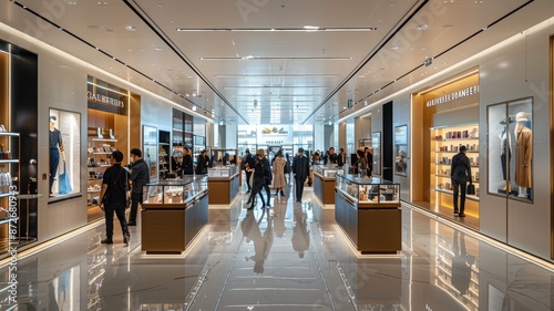A contemporary shopping mall filled with various stores, bathed in natural light, with shoppers strolling around AIG59 photo