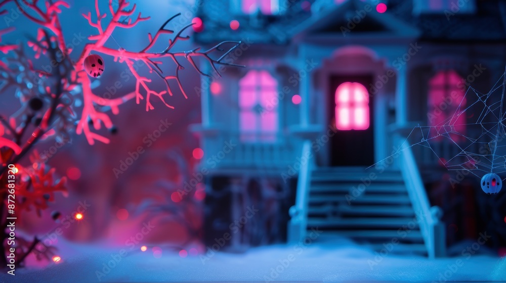 A haunted house scene decorated for Halloween with zombie-themed props such as fake body parts, hanging cobwebs, and glowing eyes peering from dark corners.