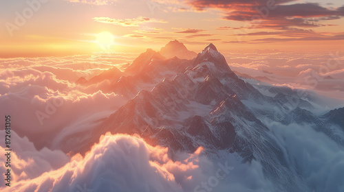 A majestic mountain peak towering above the clouds, bathed in golden sunlight with a soft mist rising from its base photo