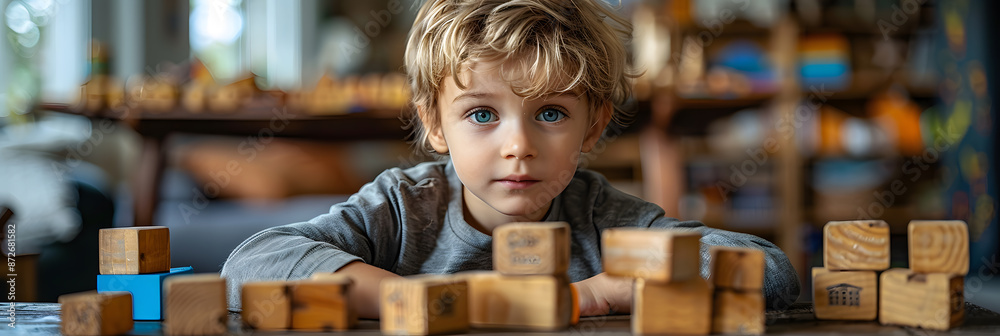 Child Learning and Development: Little Boy Building a Tower with Wooden Blocks at Home Child Learning and Development: Little Boy Building a Tower with Wooden Blocks at Home