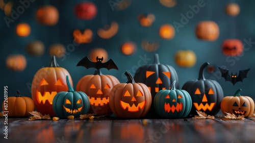 A variety of Jack-o'-Lanterns with different facial expressions, lit up and placed together for a classic Halloween scene.