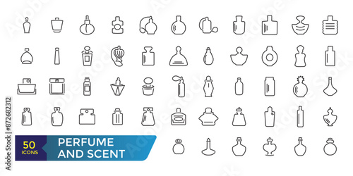 Simple collection of perfume related line icons. Thin line vector set of signs for infographic, app development and website icon. Collection and pack of linear web and ui icons.