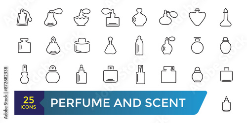 Simple collection of perfume related line icons. Thin line vector set of signs for infographic, app development and website icon. Collection and pack of linear web and ui icons.