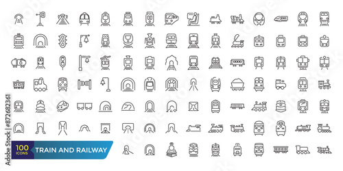 Set of train and railway Icons. Collection and pack of linear web and ui icons. Editable stroke. Vector illustration.