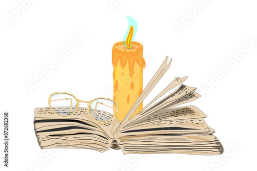Candle and eyeglasses on open book on white background. Magic, esoteric, witchcraft, bible or mystery book. Relaxation at home. Bookstore, bookshop, library, book lover, bibliophile, education. Vector