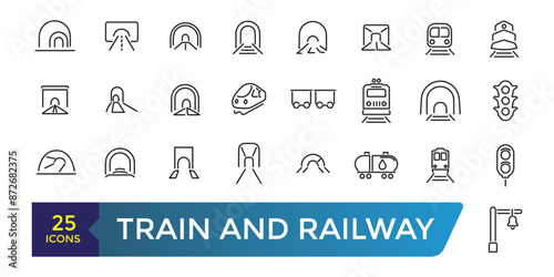 Set of train and railway Icons. Collection and pack of linear web and ui icons. Editable stroke. Vector illustration.