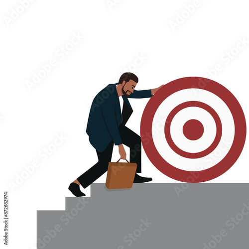 Young bearded businessman walking up stair with arrow as path to reach goal. Flat vector illustration isolated on white background