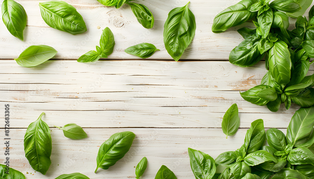 Obraz premium Green fresh basil on wooden background