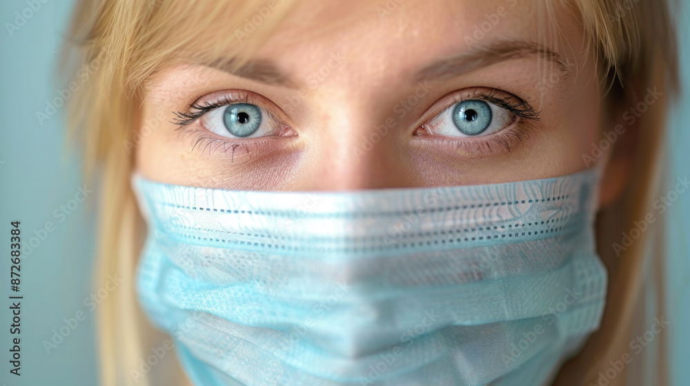 A woman wearing a blue surgical mask. The mask covers her face and is blue in color. The woman's eyes are open and staring at the camera A woman wearing a blue surgical mask. The mask covers her face and is blue in color. The woman's eyes are open and staring at the camera