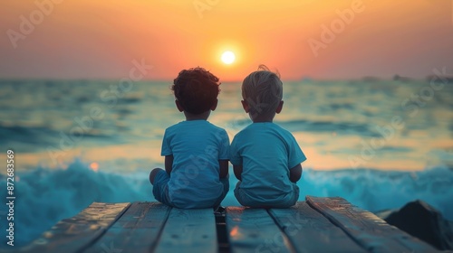 two little boy friends sitting on a bridge facing the back of the beach while looking at the evening sun which is about to set facing the beach, a symbol of true friendship