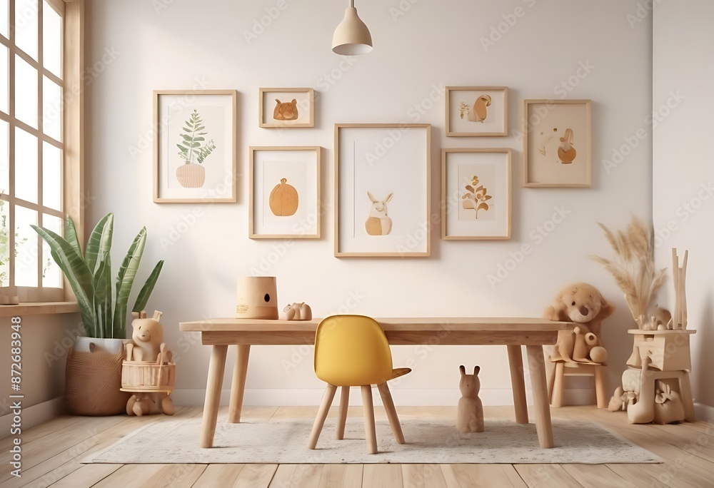 Mock up frame in home interior background, white room with natural wooden table and decor, 3d render Mock up frame in home interior background, white room with natural wooden table and decor, 3d render
