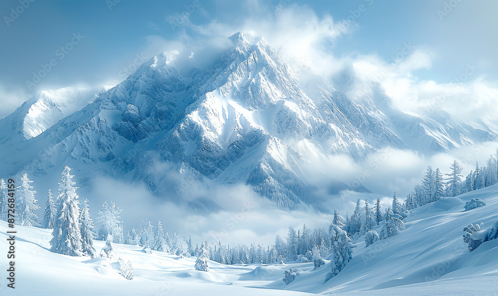 Obraz premium Snow-Covered Majestic Mountains in Winter with Frosted Trees on a Cloudy, Serene Day