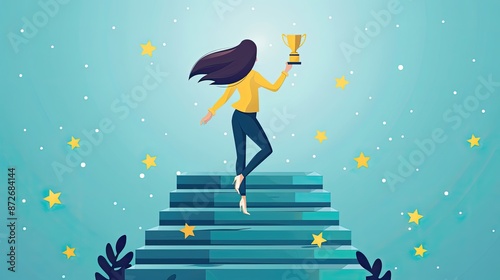 A woman is standing on a set of stairs, holding a trophy