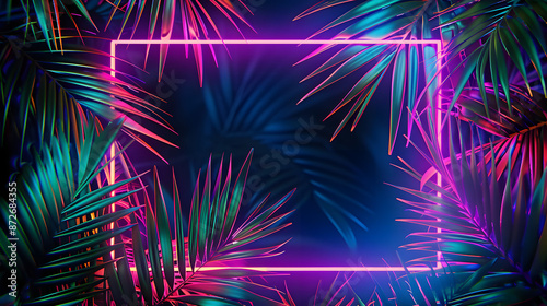 Fototapeta Naklejka Na Ścianę i Meble -  Jungle creative neon light, cyber frame on fresh palm leaves with copy space. Urban, futuristic background concept. Flat lay.